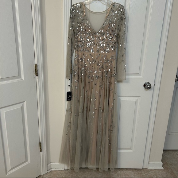 Adrianna Papell Beaded Sheer Long Sleeve V-back Ballgown in Silver/Nude - Picture 7 of 9